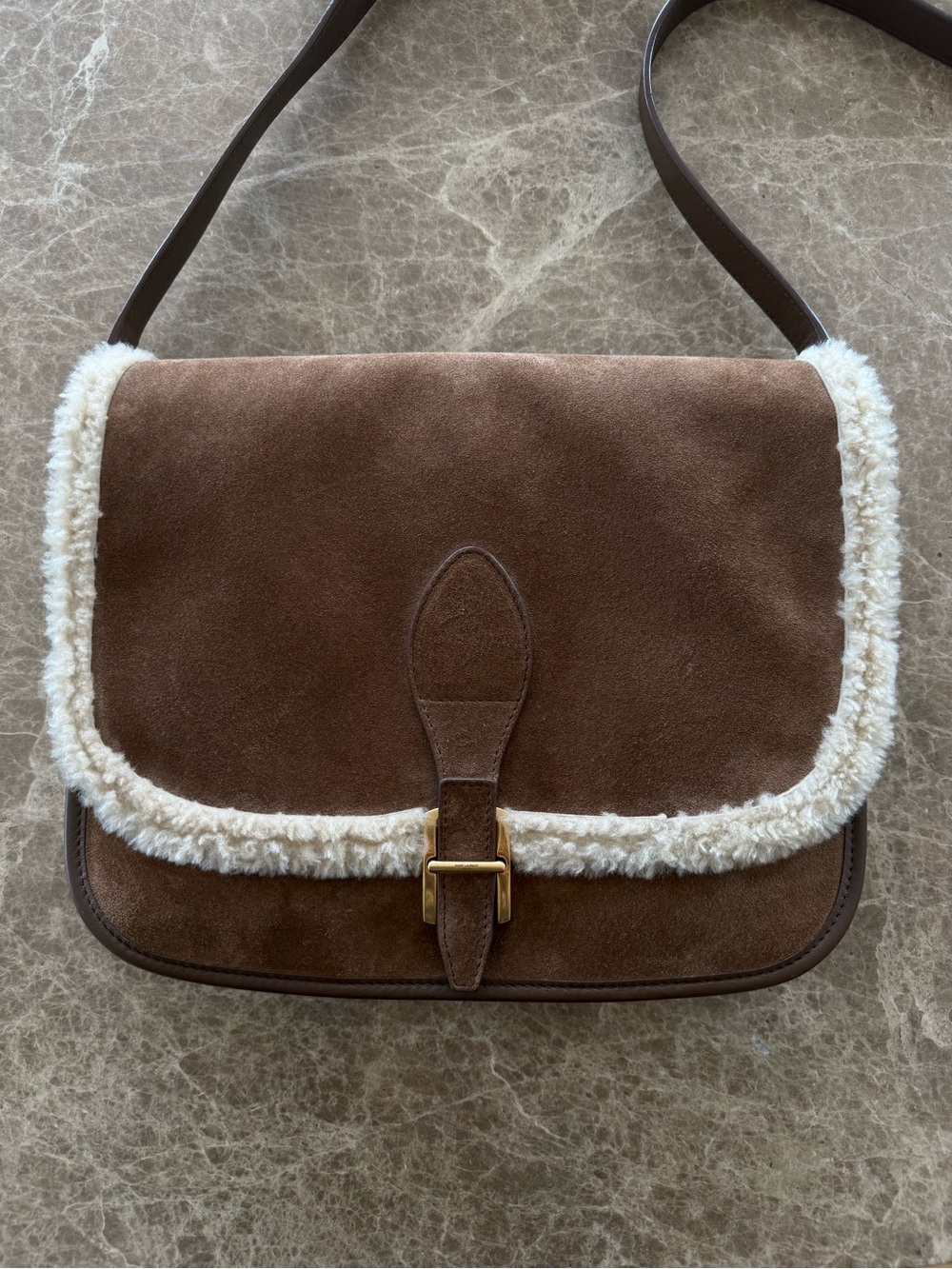 Saint Laurent Brown Suede Crossbody with White Shearling Trim